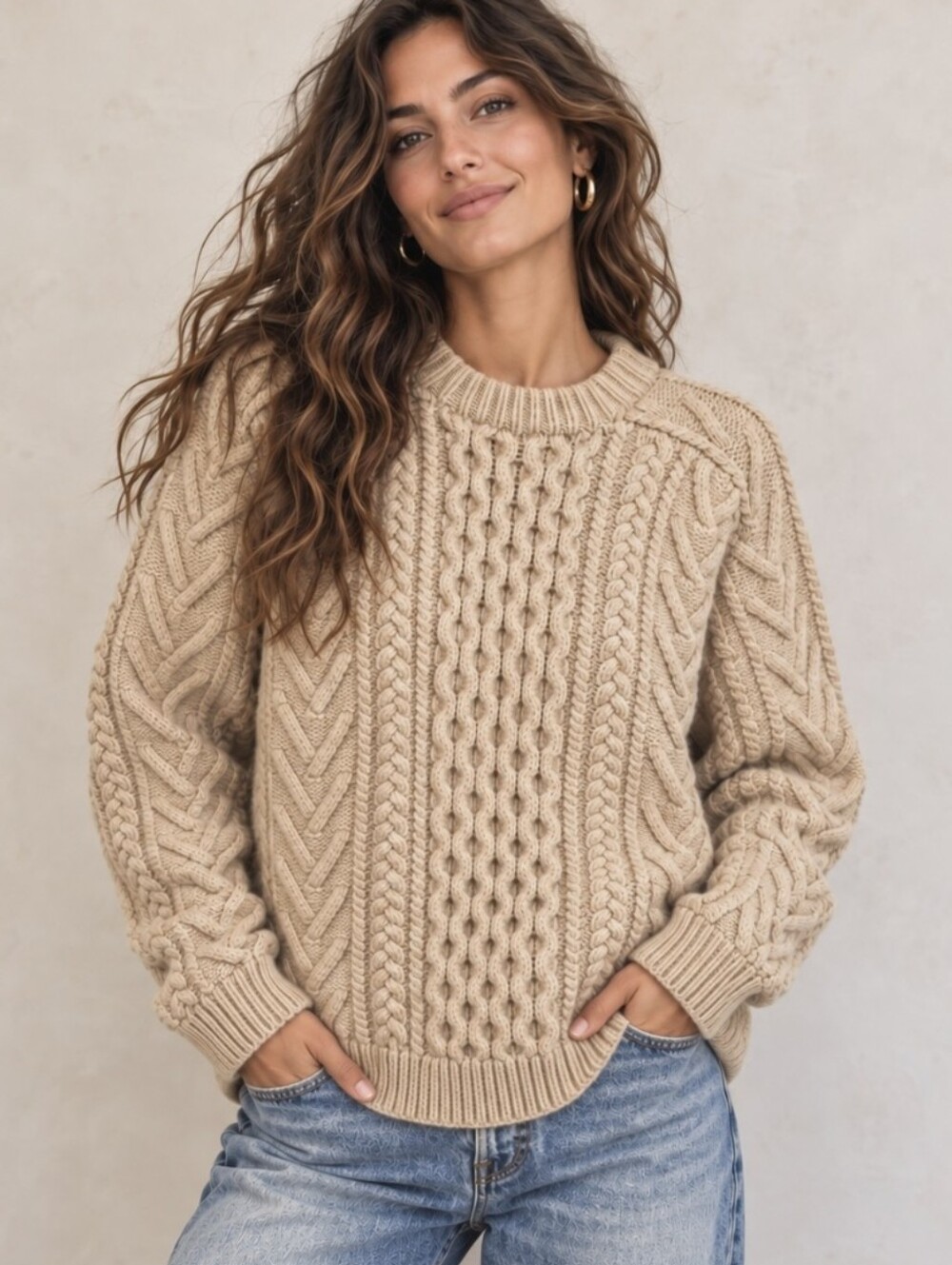 Vtg American Eagle Hand Knit Sweater 100% Wool Fisherman Cable-knit Cream Size L